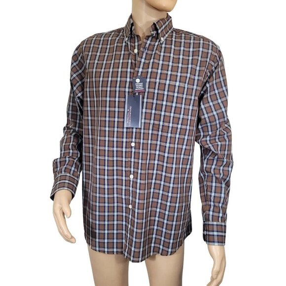 Roundtree & Yorke Mens size Large Brown Plaid Button-Down Cotton Shirt - Picture 1 of 10